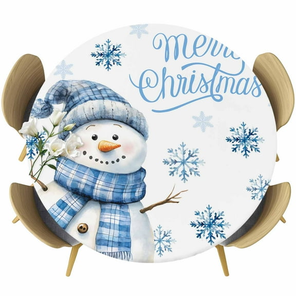 Blue Snowman Christmas Round Tablecloth 36-44 Inch Round Fitted Table Cloth with Elastic Edge, Watercolor Snowflake Waterproof Table Cover Protector for Outdoor Picnic Party Dining