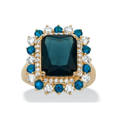 Cocktail Glass Ring .80 TCW Emerald-Cut Blue Glass and Cubic Zirconia Halo Cocktail Ring 14k Yellow Gold-Plated ()