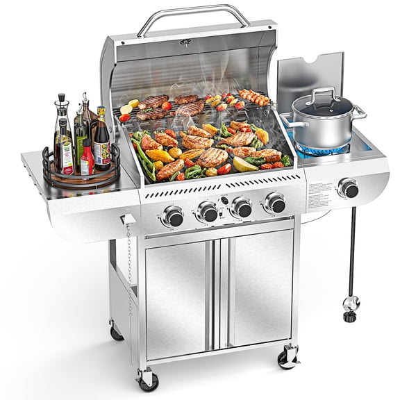 KNDKO 4-Burner Propane Gas Grill with Side Burner, 42000 BTU Stainless Steel Outdoor BBQ Grill, Heavy-Duty Cast Iron Grates & Baking Tray, Easy-Clean with Bottom Storage,Wheels for Tailgating