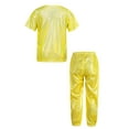 thumbnail image 2 of Alvivi Kids 2 Piece Dance Outfit Shorts Sleeve Shiny Metallic T-shirt with Pant Set Jazz Hip-hop Costume Gold 14-15, 2 of 5
