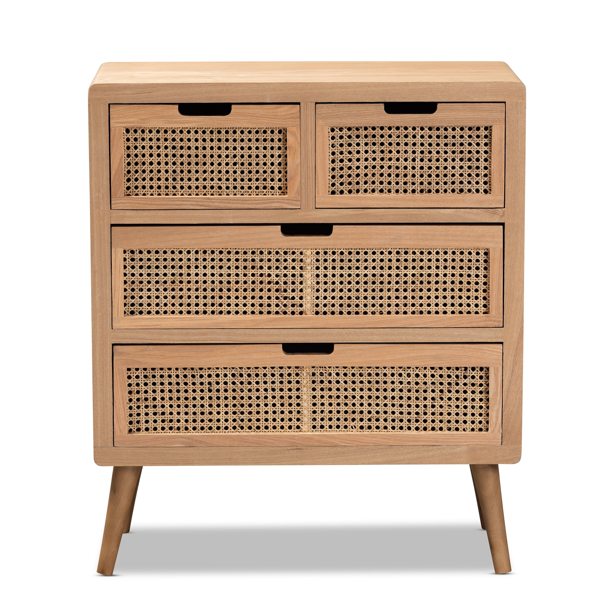 Baxton Studio Alina Mid-Century Modern Medium Oak Finished Wood and Rattan 4-Drawer Accent Chest