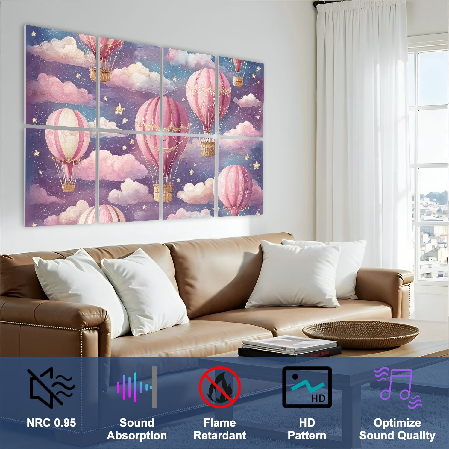 8 Pack Art Acoustic Panels Whimsical Pink Hot Air Balloons Floating Starry Sky Clouds Self Adhesive Sound Absorbing Panels for Home Office Studio Media Room 48"x32"