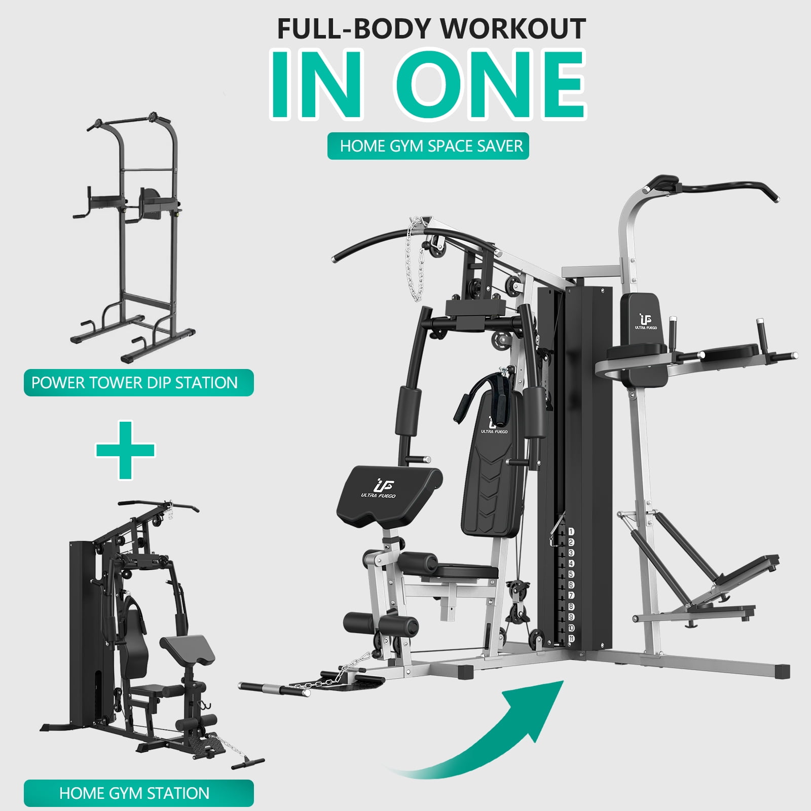 Multifunctional Home Gym 138lb Weight Stack Machine with Pulley System, Arm Press Frame, Leg Developer, Power Tower and Stepper, Dual Station Workout System for Total Body Training