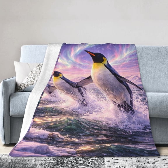 Penguin Blanket Gift Cozy Soft Home Decor with Ocean and Northern Lights Inspirational Design for Winter Gift 60x50