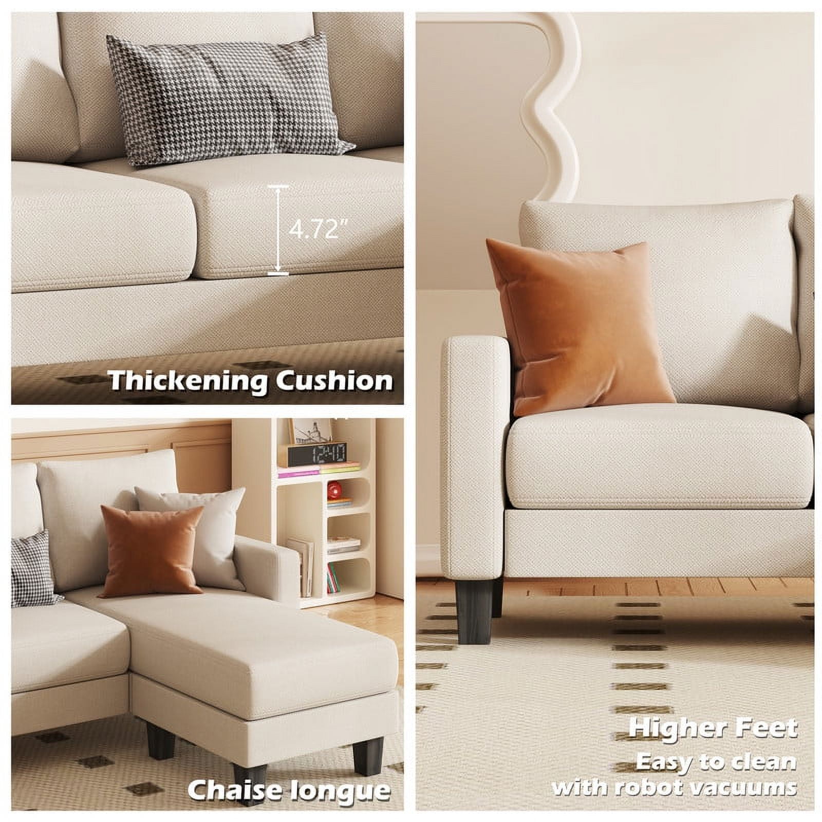 Homall Convertible Sectional Sofa Couch, Modern Linen Fabric L-Shaped Couch 3-Seat Sofa Sectional with Reversible Chaise for Small Living Room, Apartment and Small Space, White