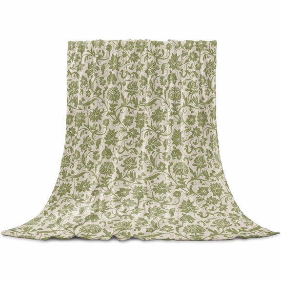 Flannel Throw Blanket for Couch Sofa Bed,Rustic Green Wildflower Retro Linen Soft Cozy Warm Fuzzy Blanket 30x40in