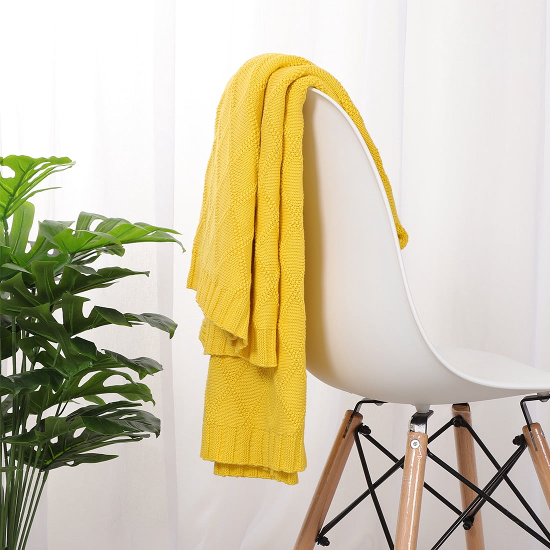 Unique Bargains  100% Cotton Cable Knit Throw Blanket Yellow 50" x 60"