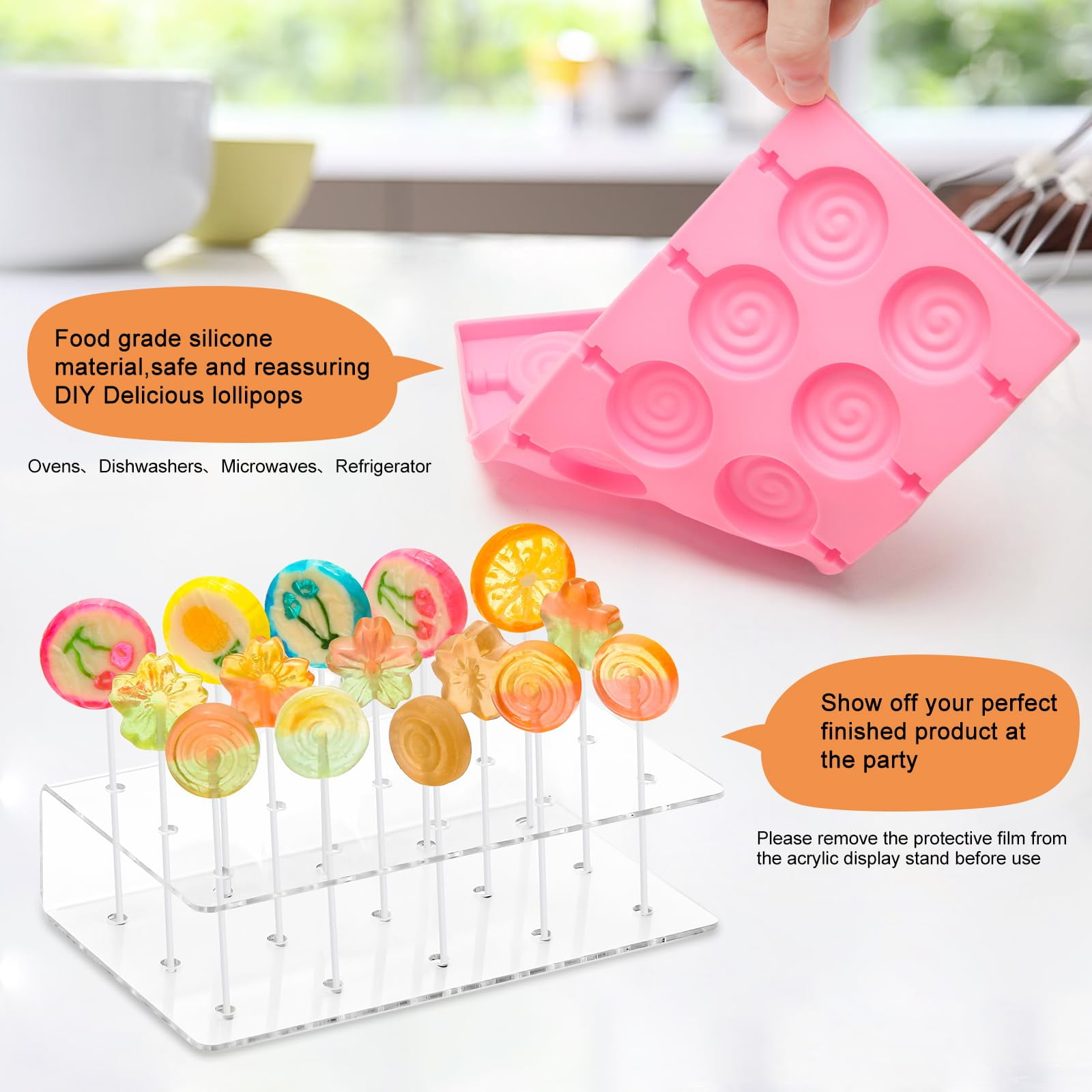 304Pcs Silicone Lollipop Molds Kit, Plutput Lollipop Maker Molds Set Pink Cake Pop Mold Kit for Chocolate Silicone Mold with 15 Holes Acrylic Lollipop