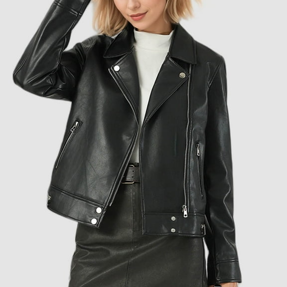 TKLPEHG Women Leather Jackets Fall Fashion Zip Up Jacket Soft Motorcycle Short Leather Jacket Long Sleeve Asymmetrical Stylish Coat (Black,S)
