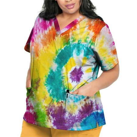 

Sksloeg Women s Scrubs Plus Size Tie-dye Printed V-Neck Workwear with Pockets Shirts Nursing Working Uniform Yellow M