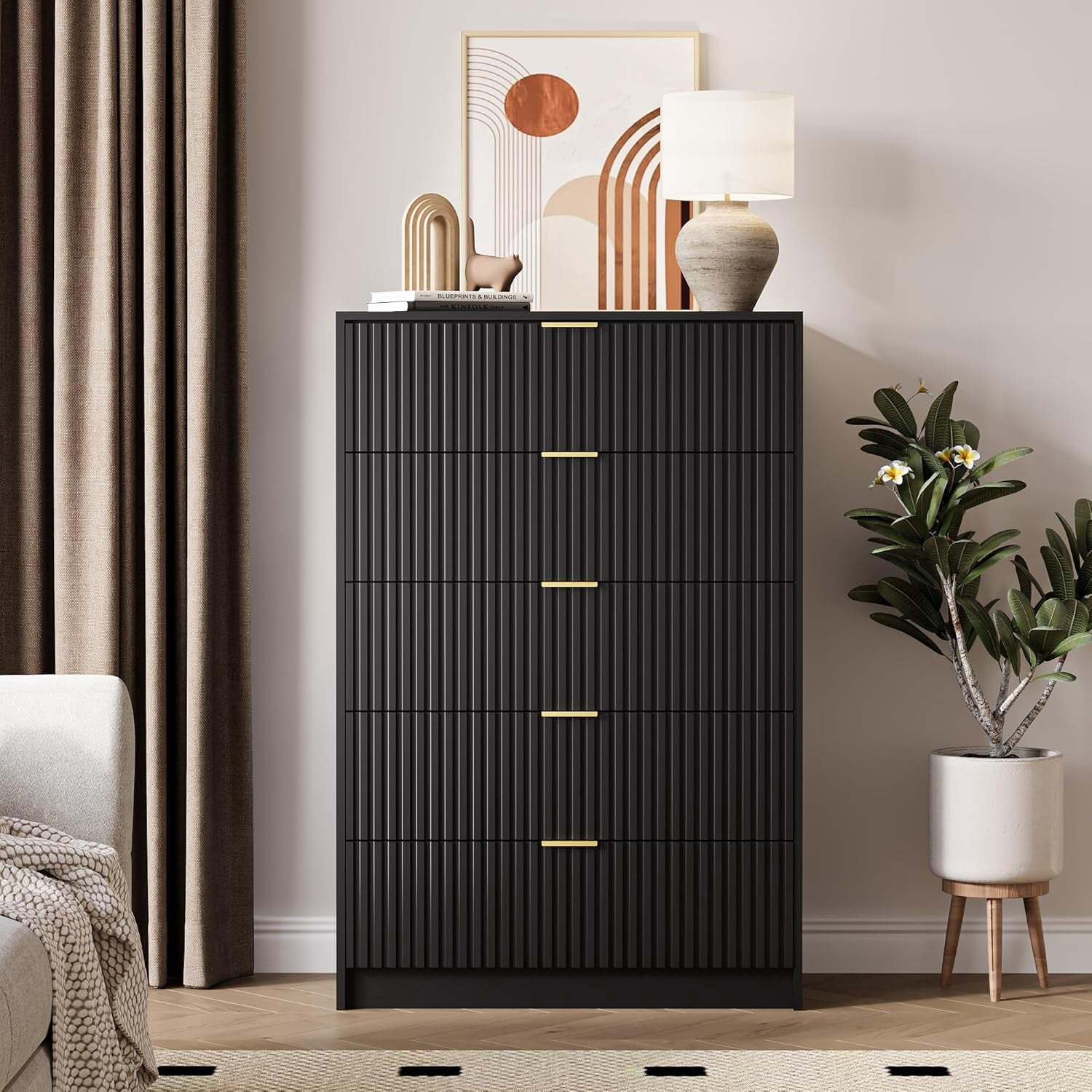 FURNIWAY Black 5 Drawer Dresser, 32 Inch Wide Chest with Gold Handles for Bedroom Living Room Office