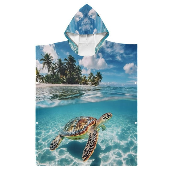 Kid Hooded Beach Towel Bath Poncho Towels Soft Absorbent Quick Dry for Boy Girl Sea Turtle and Island S