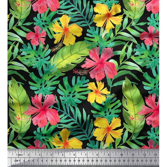 Soimoi Black Cotton Duck Fabric Leaves & Floral Fabric Prints By Yard 44 Inch Wide