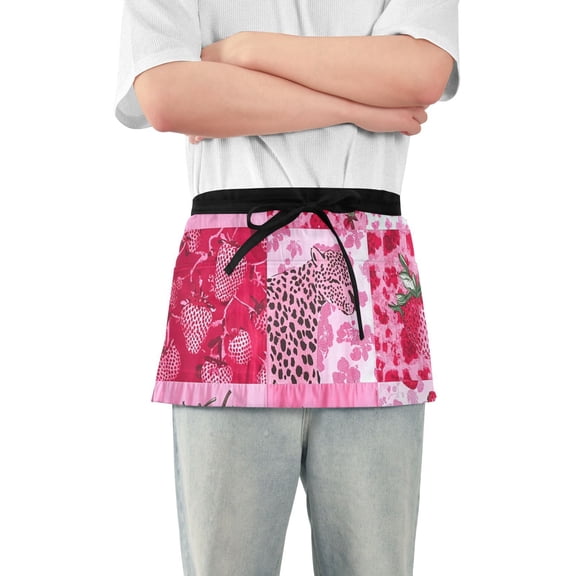 Pink Cheetah Strawberries Waist Apron Adjustable Server Half Apron Kitchen Cooking with 3 Pockets for Men Women