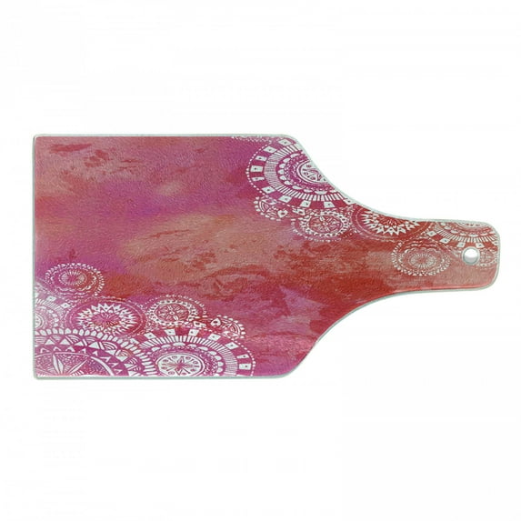 Mandala Cutting Board, Watercolor Paint Background Plain Hand Drawn Doodles Motifs Print, Decorative Tempered Glass Cutting and Serving Board, Wine Bottle Shape, Pink Coral White, by Ambesonne
