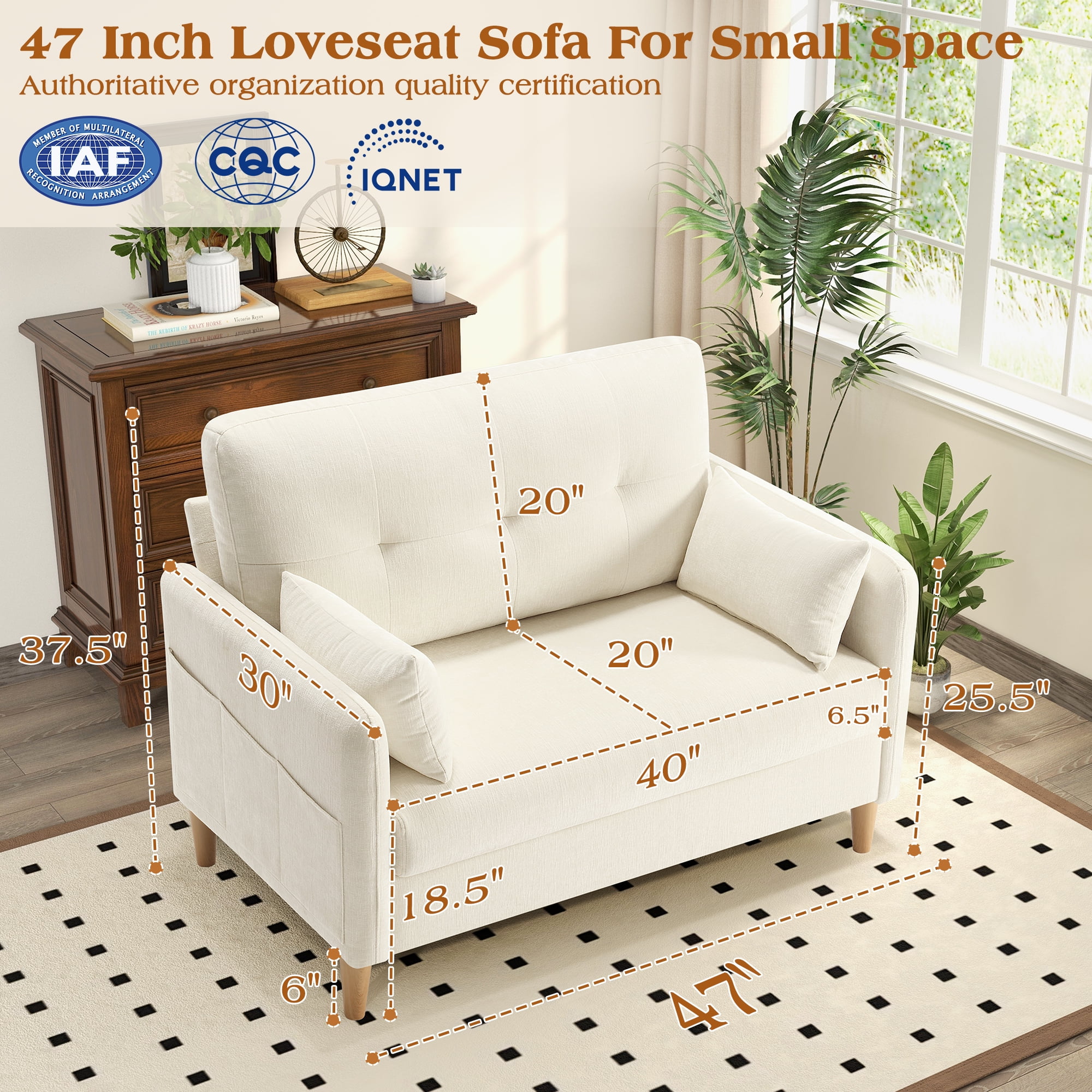 BedLuxury 47'' Wide LoveSeat, 2-seat Chenille sofa with 2 Pillows for Living Room and Small Spaces, Beige