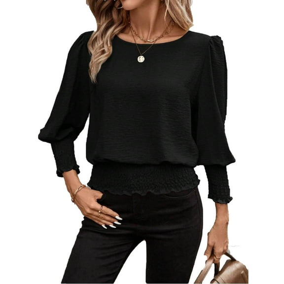 POROPL Elastic Bottom Tops for Women 3/4 Sleeve Cinched Waist Smocked Slanted Shoulder Pullover Black