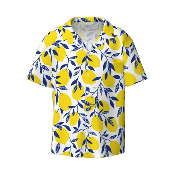 Ratiio Tropical Lemon Print Mens Casual Short Sleeve Shirts Button Down Textured Shirts Summer Beach Shirt with Pocket Men's Casual Short-sleeved Shirt