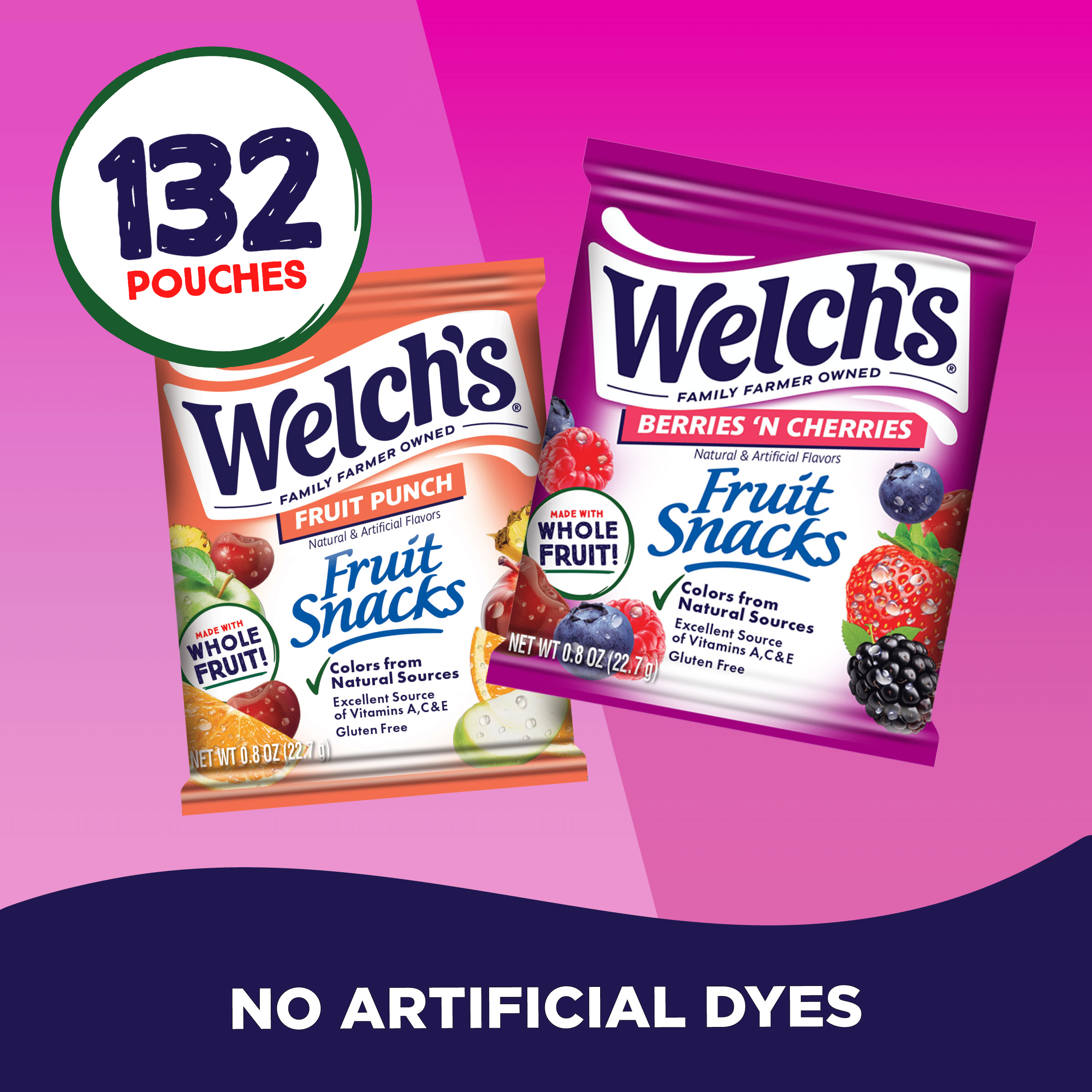 Welch's Fruit Snacks Gluten-Free Fruit Punch & Berries 'N Cherries Soft Fruit Snacks, .8 oz (132 pack)