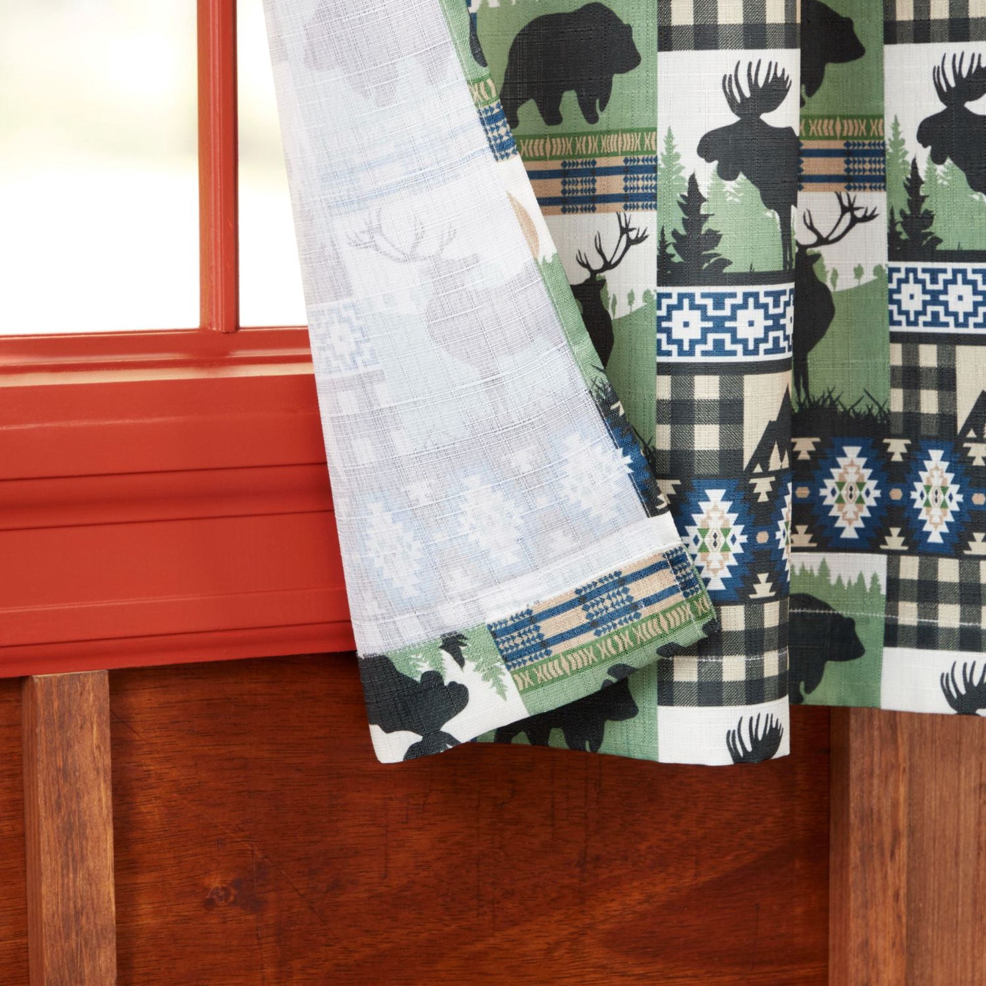 Estate View™ Moose Lodge Light Filtering Rod Pocket Straight 3 Piece Tier Valance and Curtains Set, 54"x36", Green Black