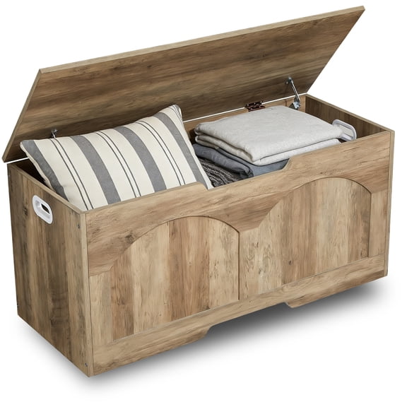 Large Capacity Storage Bench, Rustic Brown Wood Shoe Bench with Safety Hinge, U-Shaped Handles, Easy Assembly, for Entryway, Bedroom, Living Room, Toy Box & Storage Ottoman