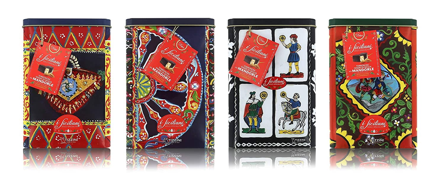 Dolgam Sweet Nougats with Almonds ''Siciliani'', Coated, in Tin Gift Box, Random Colors/Pattern, Assorted Flavors, (360gm) 12.6oz