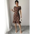 thumbnail image 6 of Coffee Brown Floral Jacquard Puff Sleeve Ruffle Hem Midi Fit & Flare Dress, 6 of 30