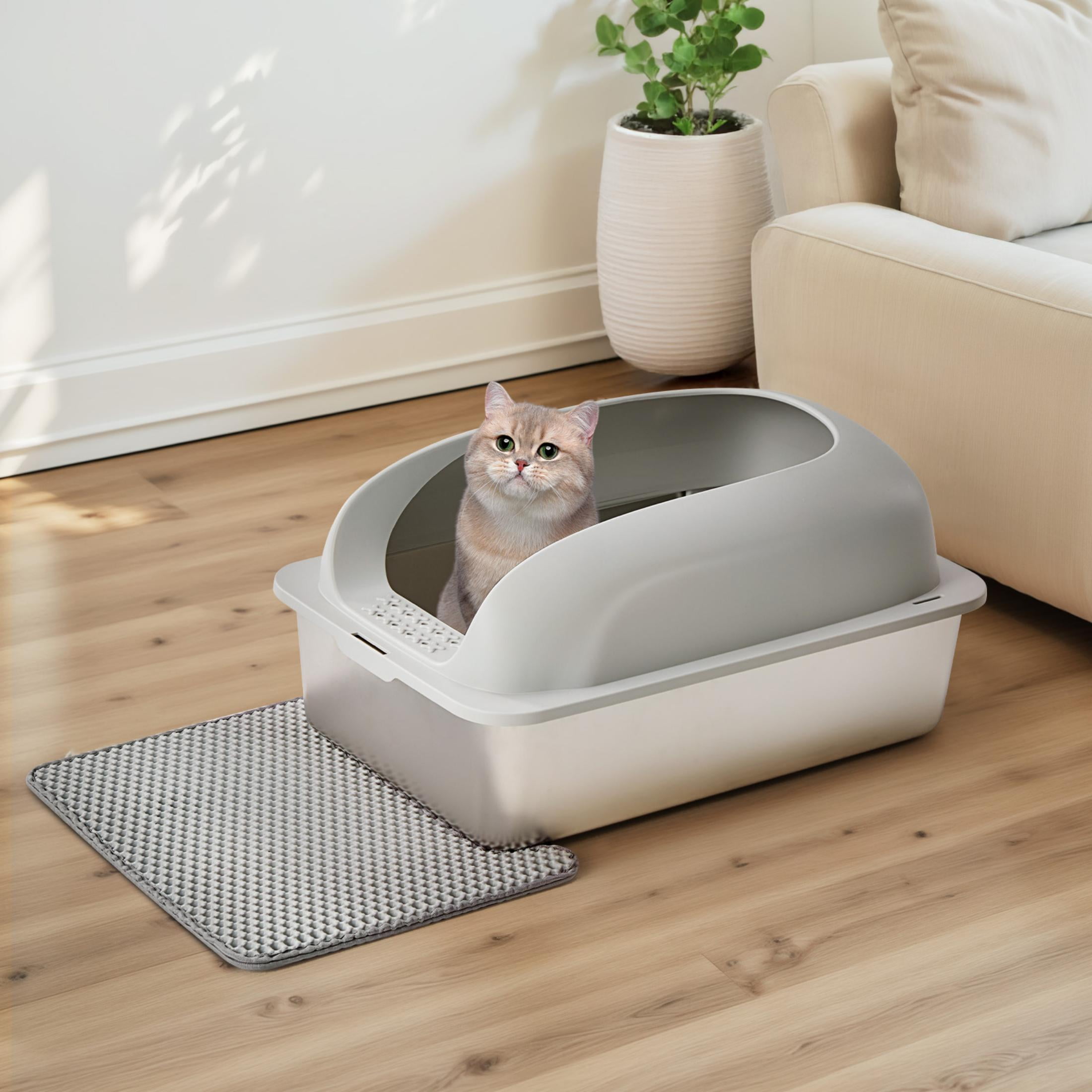 EDX Stainless Steel Cat Litter Box with Lid, XL Extra Large Cat Litter Box for Big Cats, High Wall Sides, Never Absorbs Odors, Anti-Urine Leakage, Easy Cleaning, Scoop and Mat Included, Light Grey