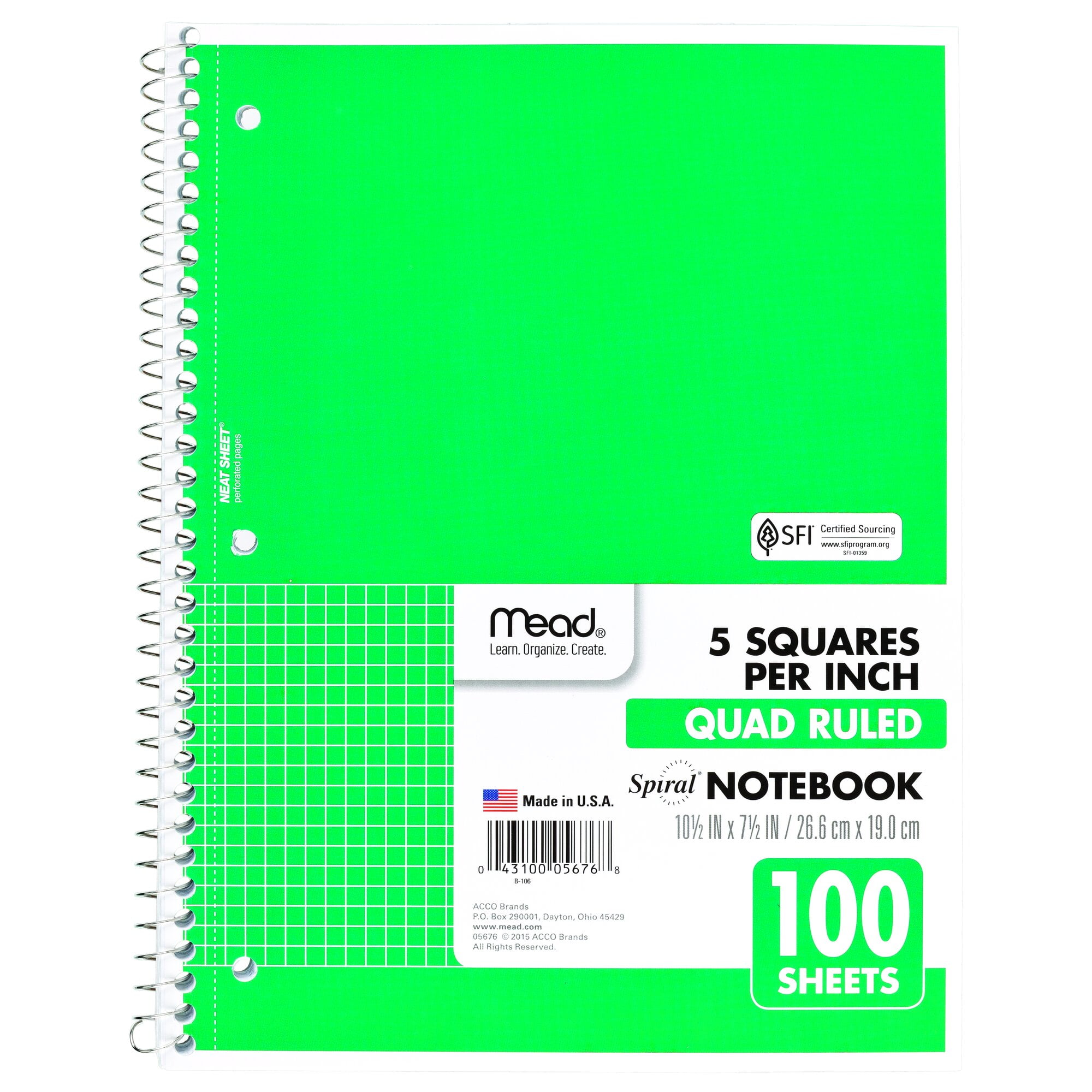 Mead Spiral Notebook 1 Subject Graph Ruled 100 Sheets 10 12 x 7 12 Green