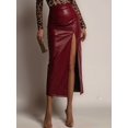 thumbnail image 4 of Women High Waisted Leather Front Thigh Slit Wrap Midi Skirt Long Pencil Bodycon Wine Red L, 4 of 6