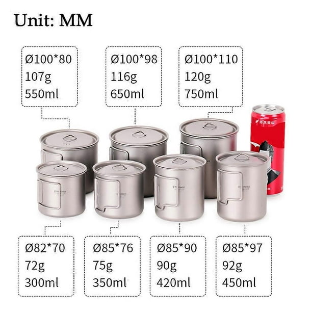 TOMSHOO Ultralight Titanium Cup Outdoor Portable Camping Picnic Water Cup Mug with Foldable Handle 300ml/350ml/420ml/450ml/550ml/650ml/750ml