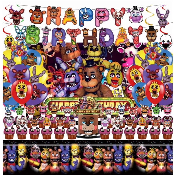 5 Nights Birthday Party Decorations Freddy's Happy Birthday Party Supplies Set include Banner , Balloons, Cake Cupcake Toppers, spiral decorations, Freddy's Background, Tablecloth