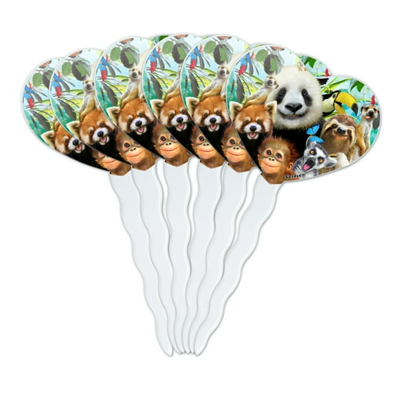Zoo Animals Selfie Panda Bear Sloth Meercat Monkey Lemur Heart Love Cupcake Picks Toppers Decoration Set of 6