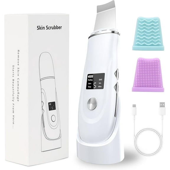 Wrongduck 4-in-1 Skin Scrubber Face Spatula Deep Cleansing Tool, Rechargeable Ultrasonic Blackhead Remover with Fast Charging Dock, Pore Extractor Facial Skin Care Device for Women, White