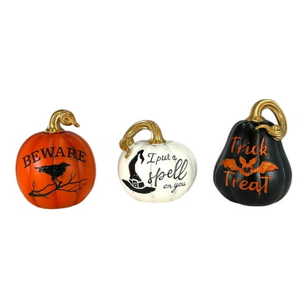 Black White Orange Halloween Pumpkin Decorative Figurines 3 Piece Trick or Treat