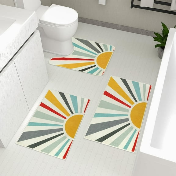 KIMODERUGS Boho Bathroom Rugs Sets 3 Piece Modern Colorful Sun Bath Mat with U-Shaped Contour Toilet Mat Non-Slip Soft Cute Bath Rugs Machine Washable Farmhouse Blue Floor Carpet for Sink Tub Shower