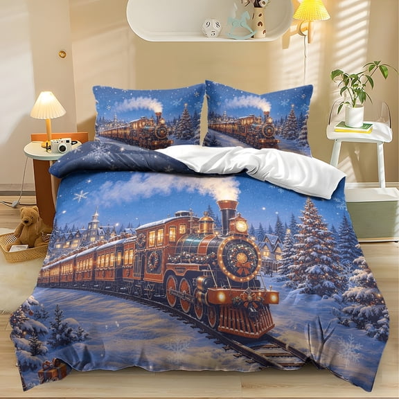 Qpednta Train Christmas Duvet Cover Set Soft Cozy Comforter Cover Breathable Bedding Comforter Set 3 Pieces Comforter Set for Rental Home, Dorm and Bedroom
