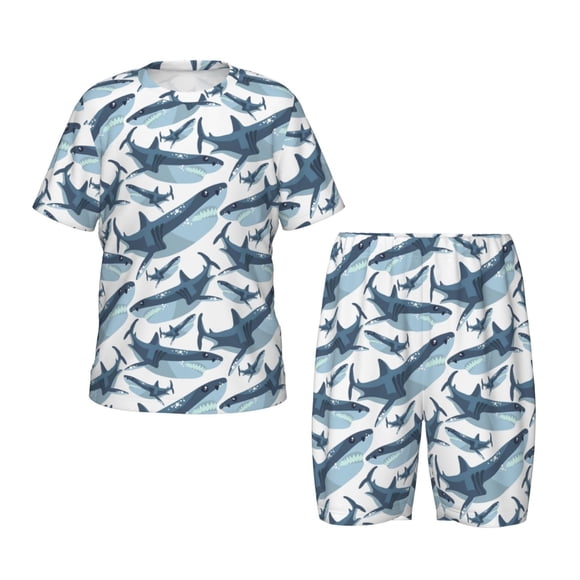 Xecao Cute Shark Pattern Short-Sleeved Pajama Set for Kids Soft Cotton-Like Sleepwear with Elastic Waistband and Side Pockets for Boys and Girls-XX-Large