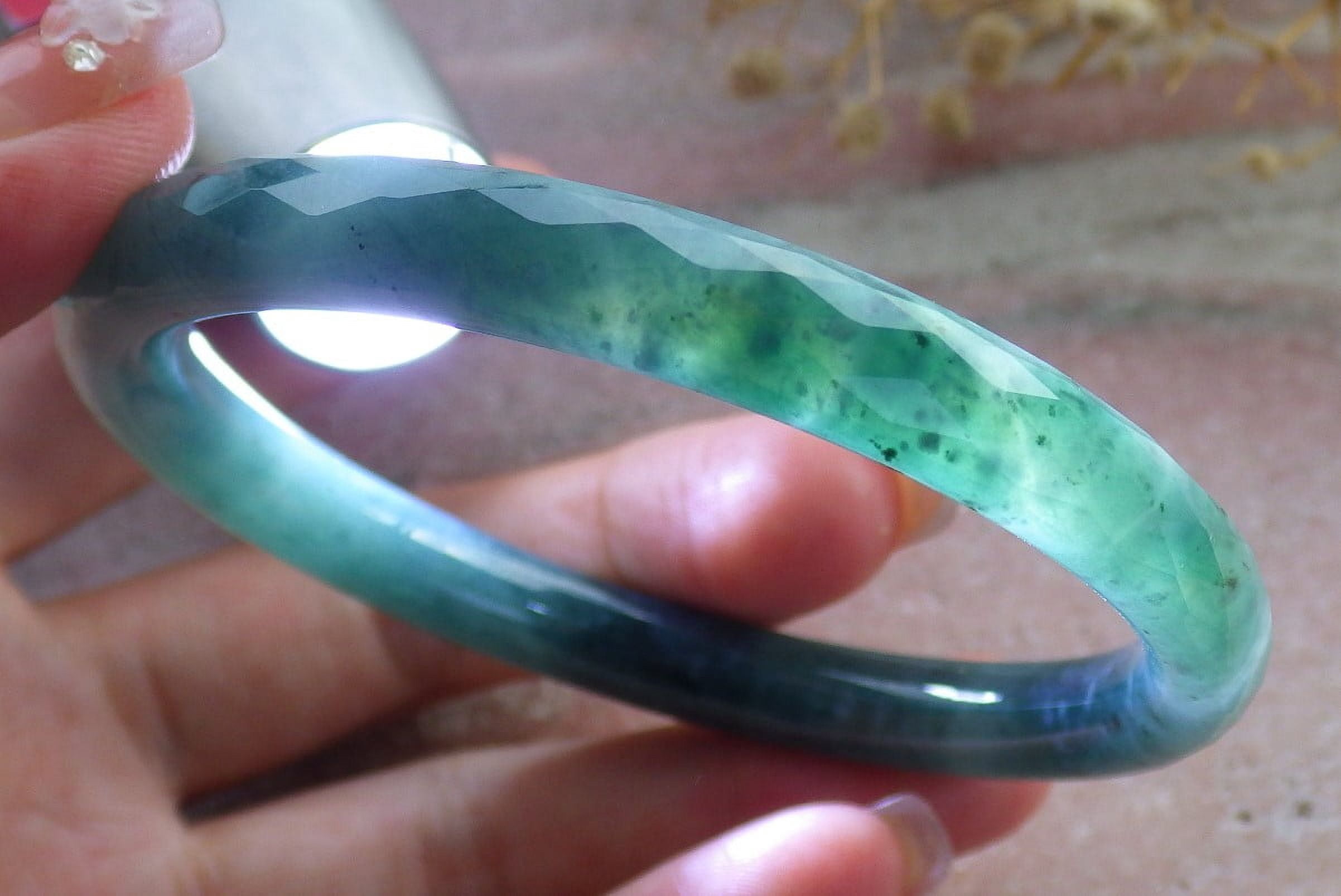 Icy Green Natural A JADE Jadeite Dia Cut Circle Bangle Bracelet 58 mm 682723 TN