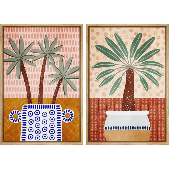 IDEA4WALL Framed Canvas Print Wall Art Set Tropical Palm Leaf Multicolor Vases Abstract Digital Art Decorative Bohemian Colorful Nature Artwork for Living Room, Bedroom, Office - 24"x36"x2 Natural