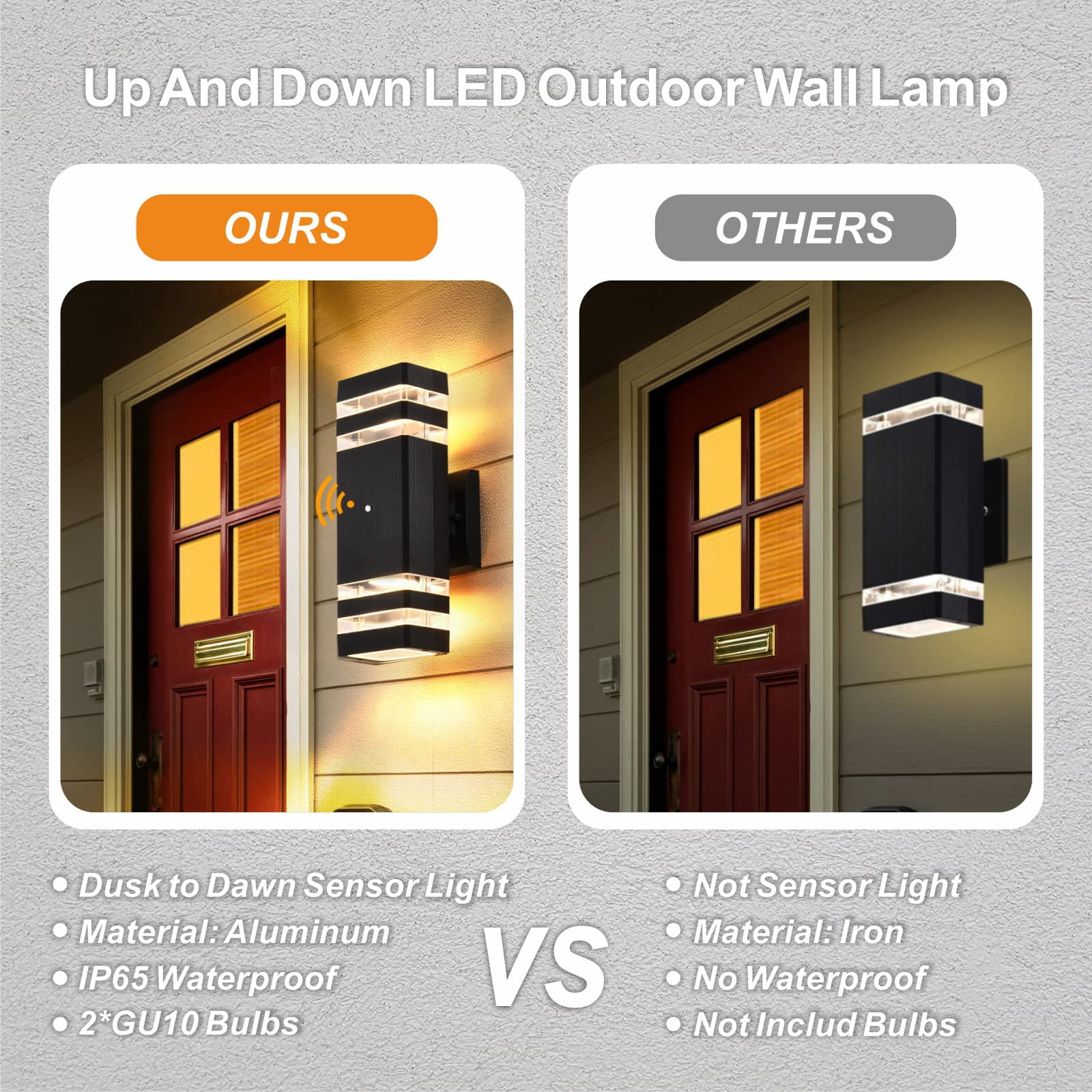 Outdoor Wall Lights 2-Pack, Waterproof Exterior Lighting for Porch/Garage/Patio, 3000K Warm White, Up-Down Design, Dusk to Dawn Sensor