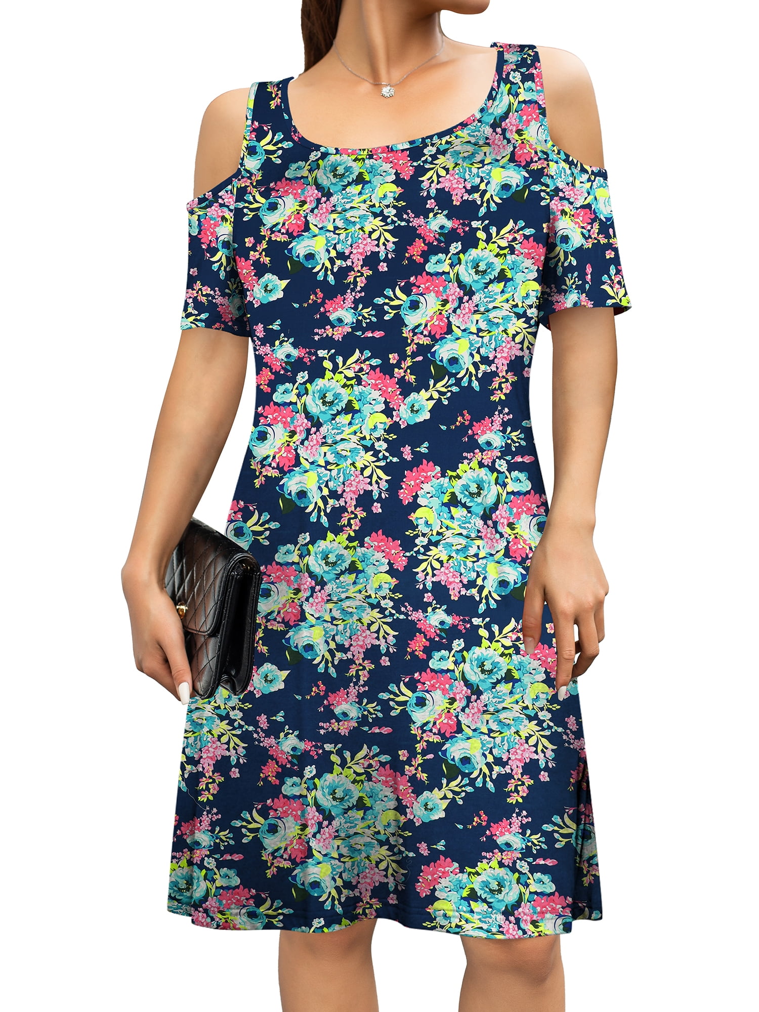 a.Jesdani Women's Summer Cold Shoulder Casual TShirt Swing Dress with