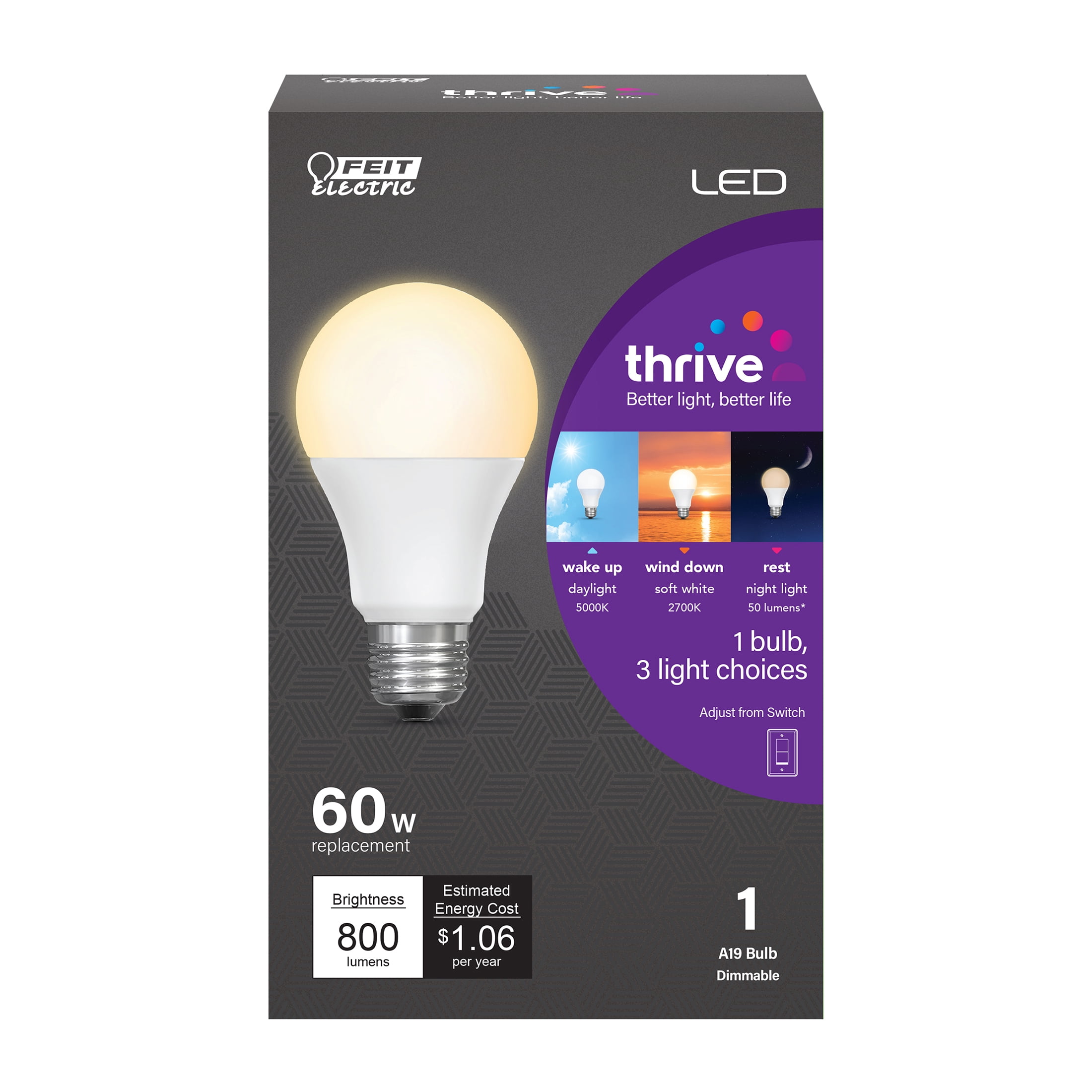 Feit Electric Day & Night Circadian + Night Light LED 8.8W (60 Watt Equivalent) Light Bulb, A19, Med. E26 Base