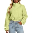 thumbnail image 2 of XRoczxe Women Stand Collar Full Zip Fleece Cropped Jacket Drawstring Hem Drop Shoulder Long Sleeve Casual Warm Polar Fleece Outerwear Multiple Solid Colors Green, 2 of 6