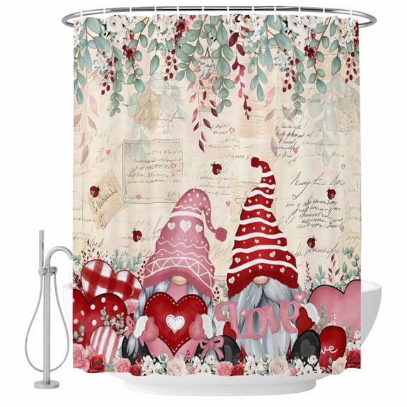 Valentine's Gnomes Shower Curtain, Waterproof Shower Curtains for Bathroom, Weeping Eucalyptus Pink Red Love Heart Retro Washable Bathtub Curtain Set Bath Decor with 12 Hooks Extra Long 72"x96"