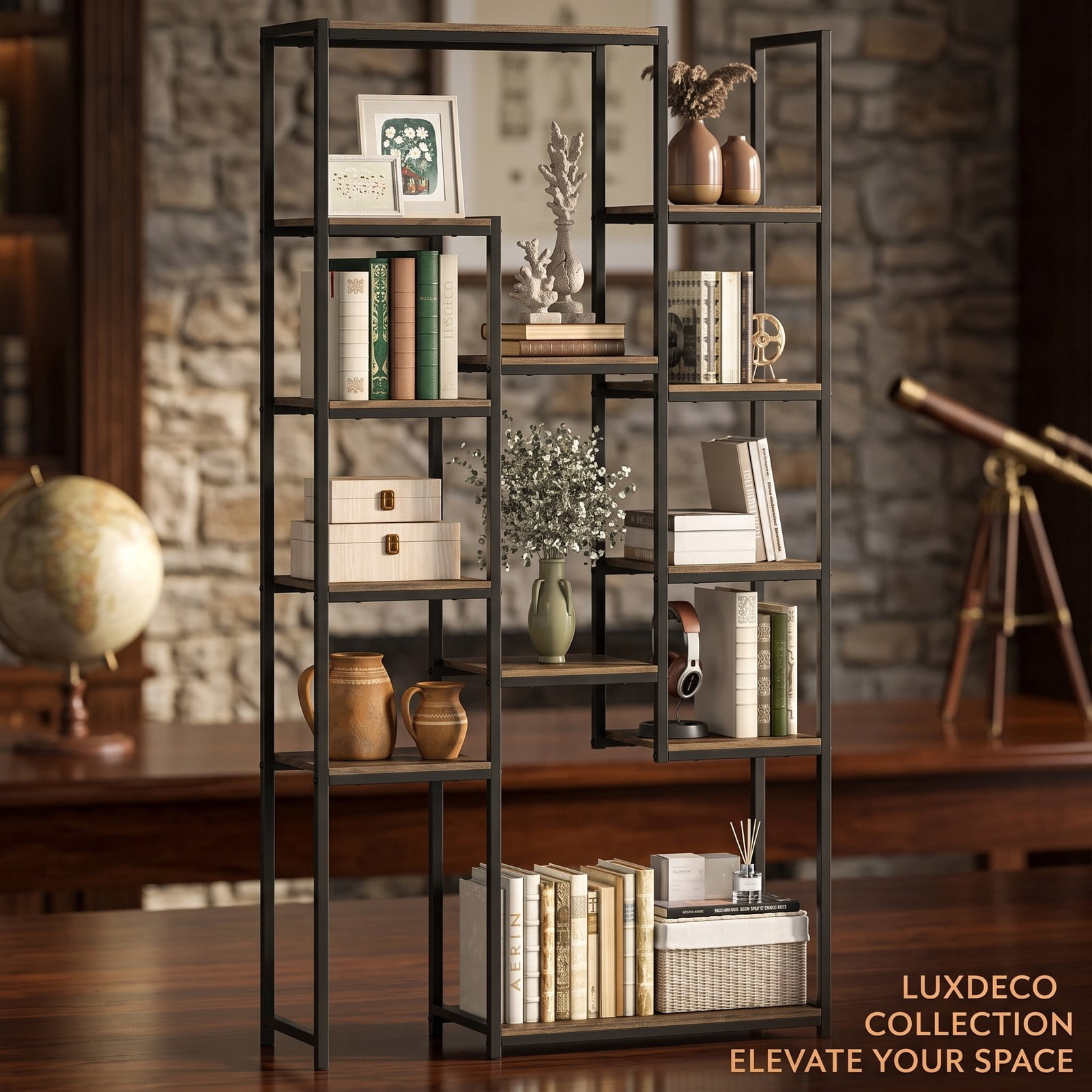 Furnibear 71 Inch Tall Vintage Geometric Bookshelf, 12 Open Shelves Freestanding Bookcase, Industrial Wood and Metal Display Storage Rack with Anti-Tipping Kit, Walnut