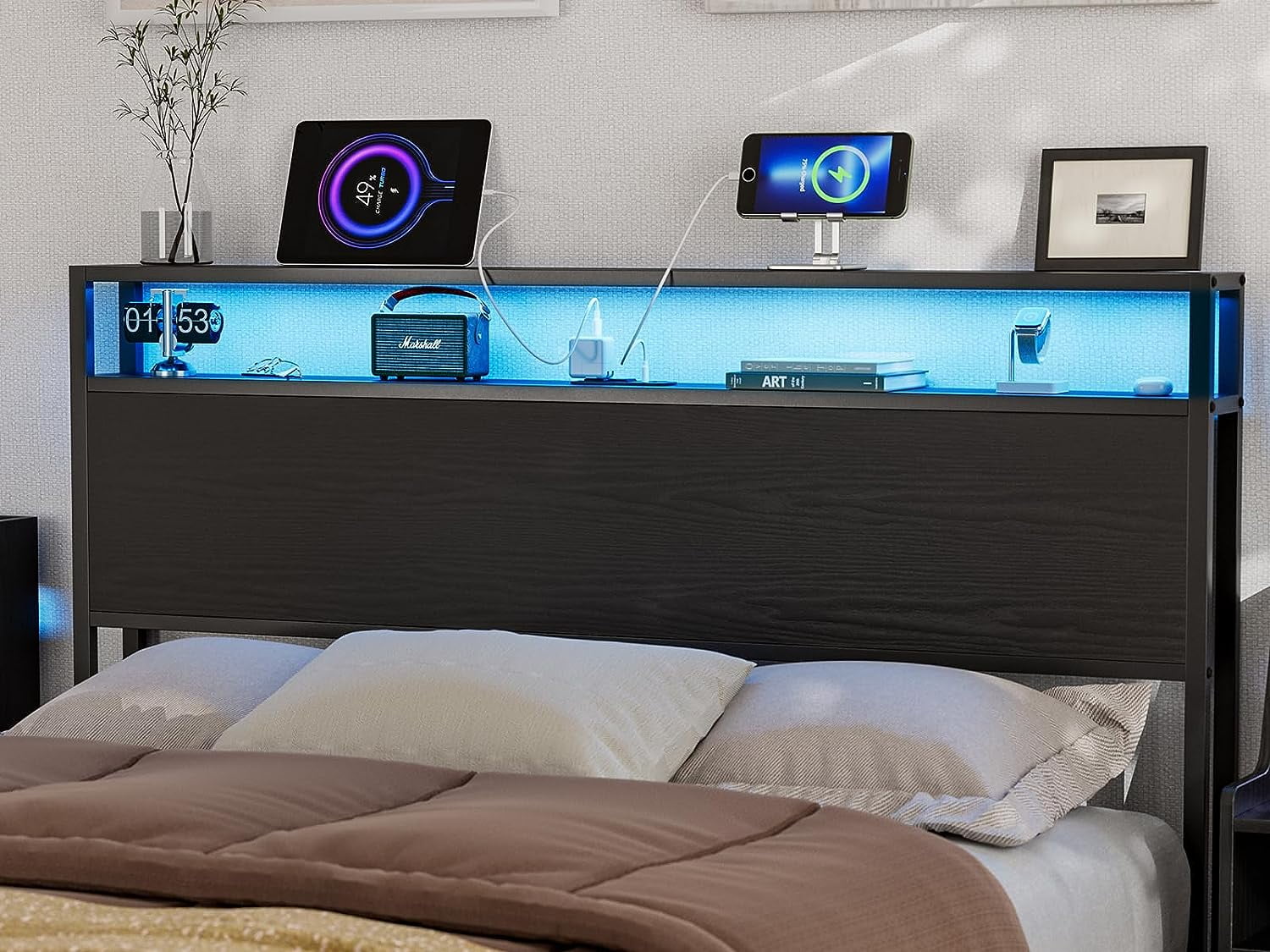 IKIFLY Queen Size Storage Headboard with LED Lights & Charging Station