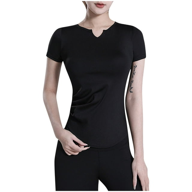Tops de Yoga para Mujeres Manga Corta Cuello Redondo Deportes Elásticos, Top Ajustado para Primavera Verano Y Otoño
