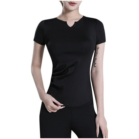 Jewelreauty Short Sleeve Yoga Shirts for Women V Neck Slim Fit Stretch Tops Athletic Workout Gym T-Shirts (S, Black)
