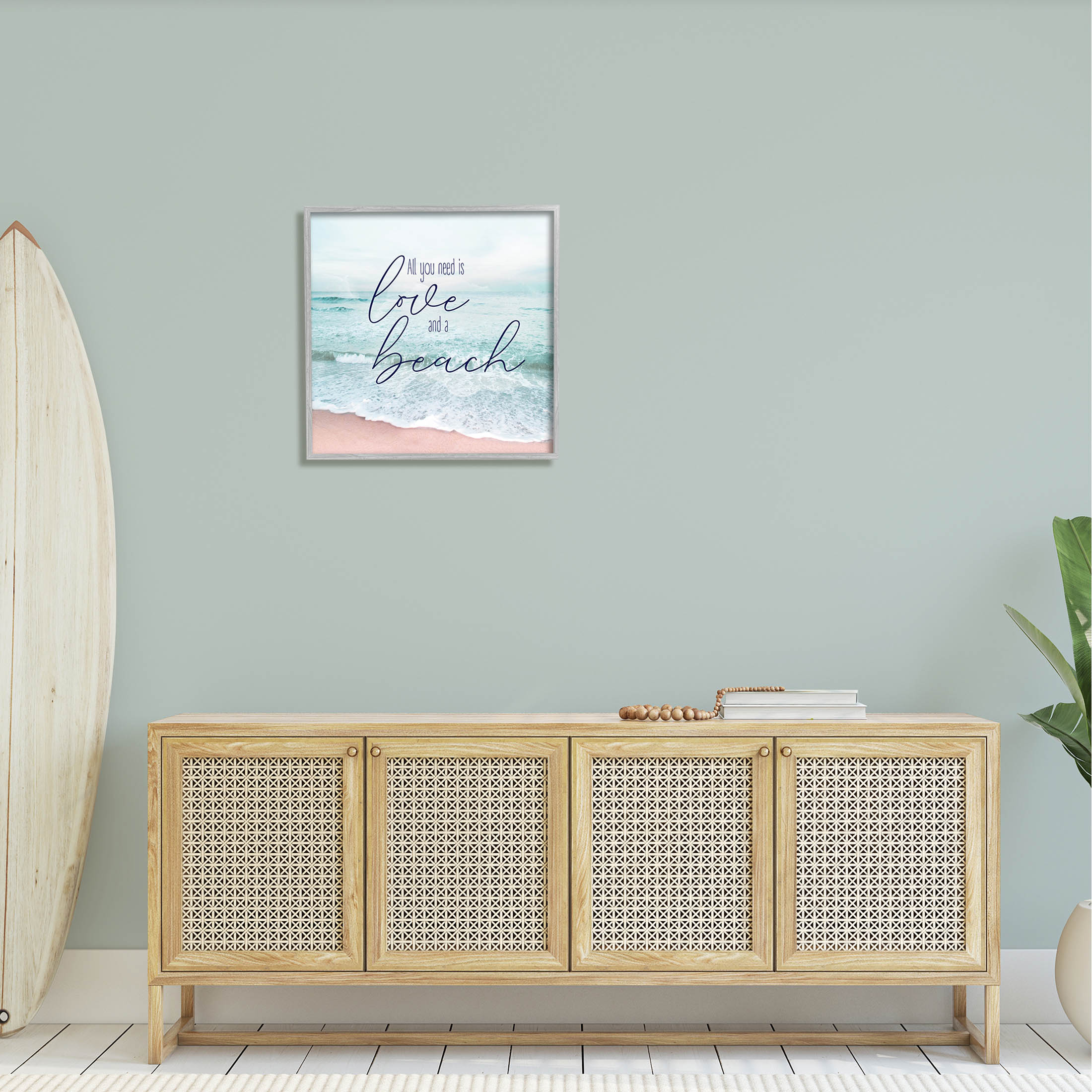 Love & A Beach Nautical Phrase Coastal Graphic Art Gray Framed Art Print Wall Art